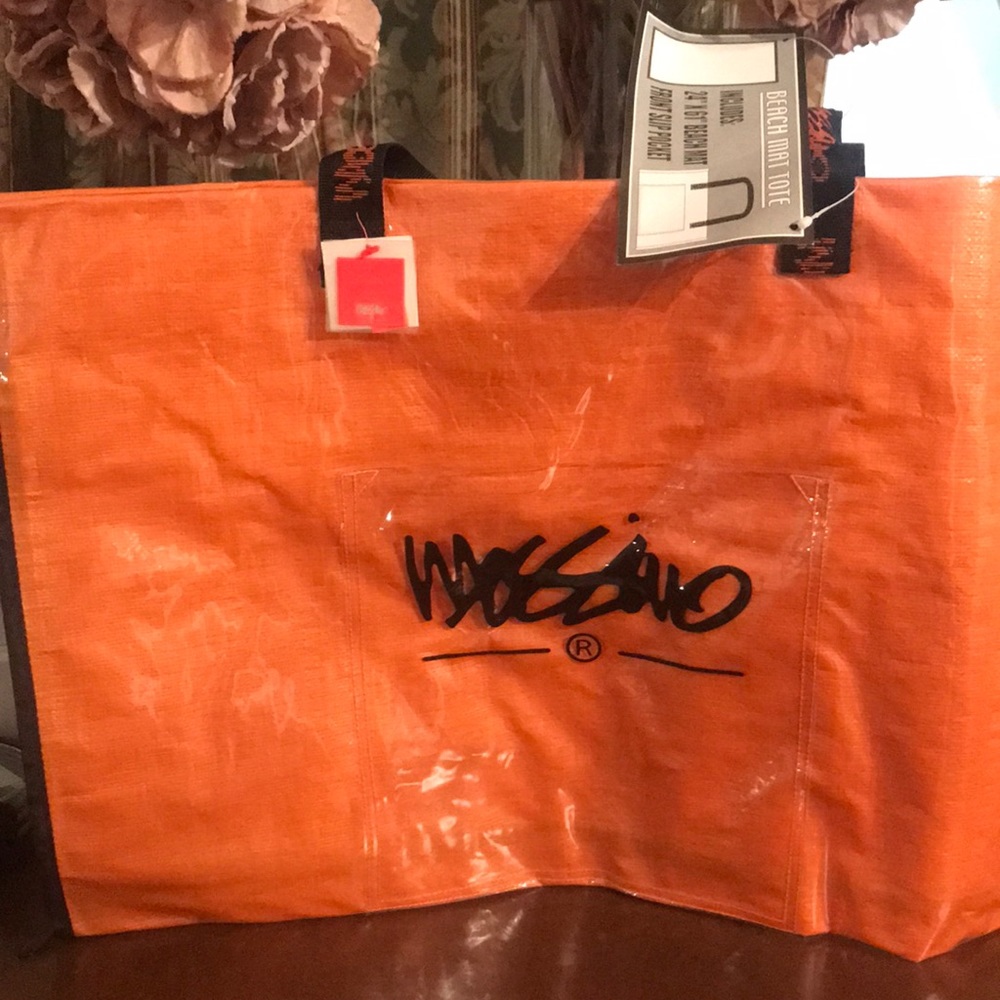 Mossimo orange and turquoise beach mat tote 24”x61” front slip pockets